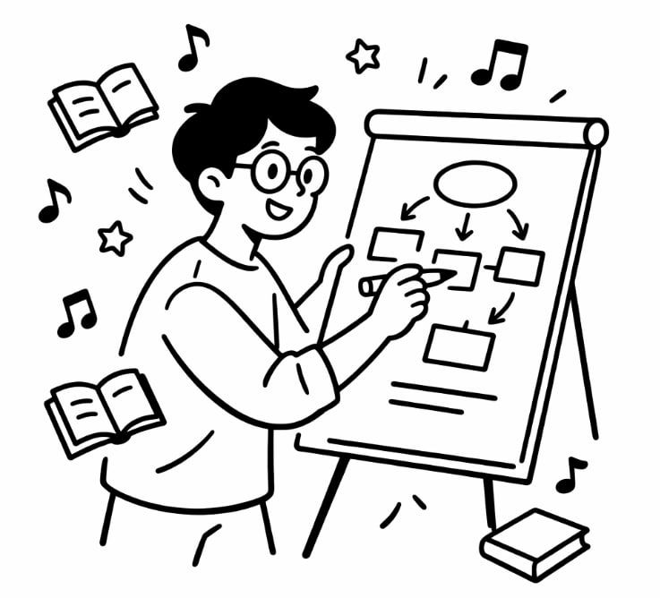  illustrated guy with flipchart planning to becoming a piano teacher
