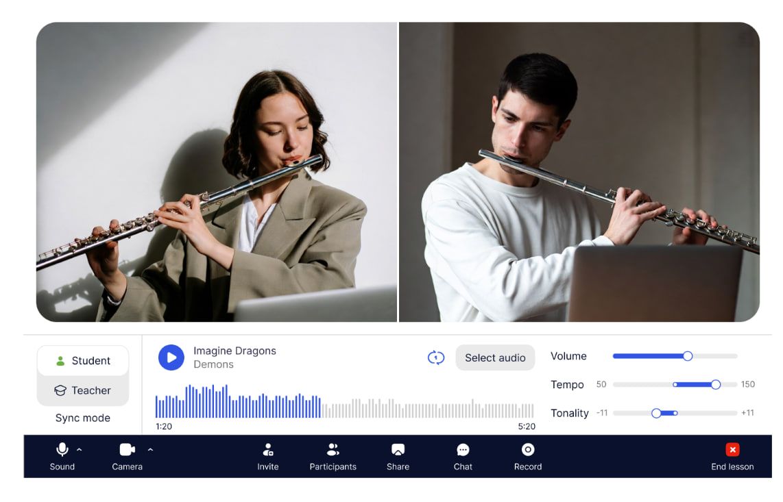 MOOZ online music lesson platform with high-quality audio for flute