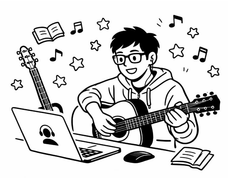 Music teacher conducting a virtual guitar lesson via laptop
