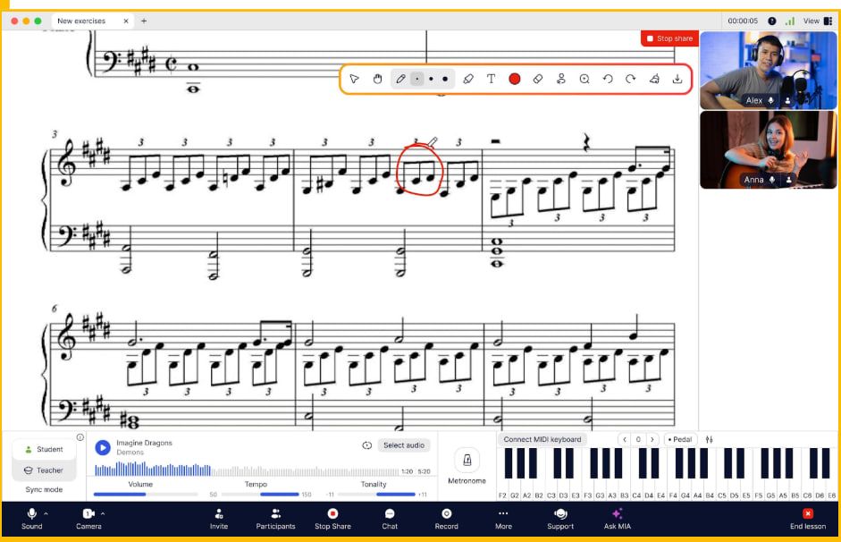 Screenshot of a virtual music lesson platform with sheet music and video feeds