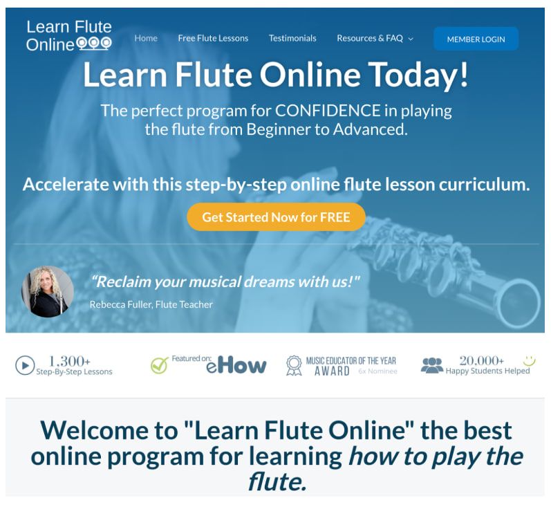 Learn flute online website homepage offering step-by-step online flute lessons for beginners and advanced students