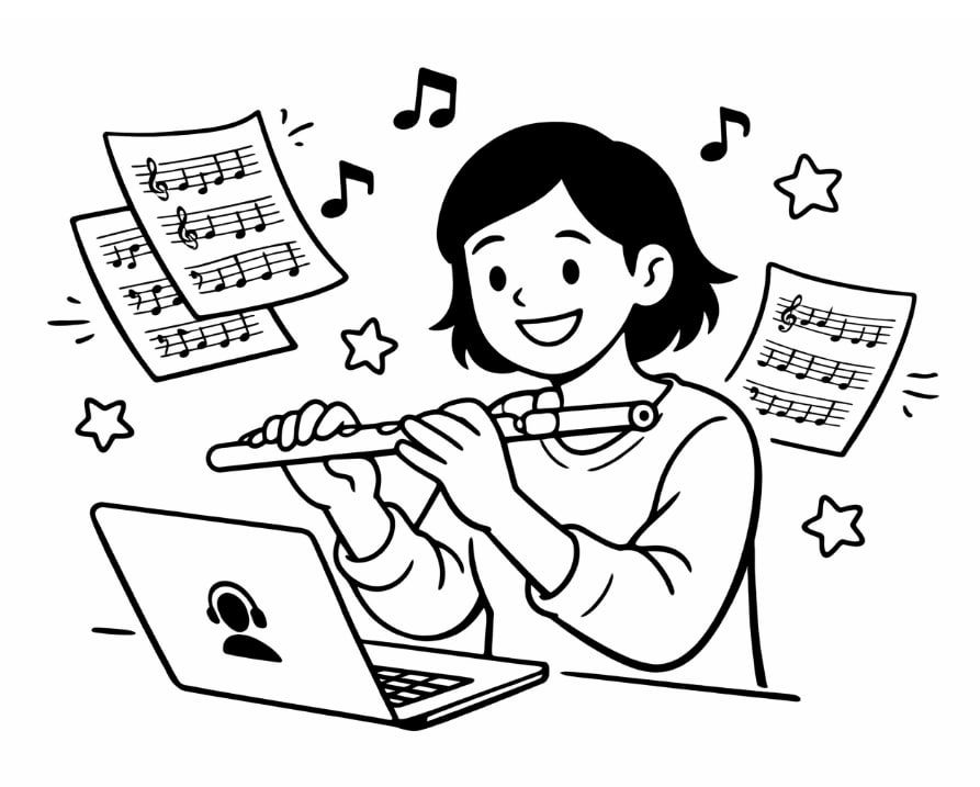 Happy adult learning flute lessons online from home